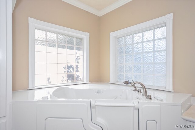 full bath with ornamental molding and a garden tub
