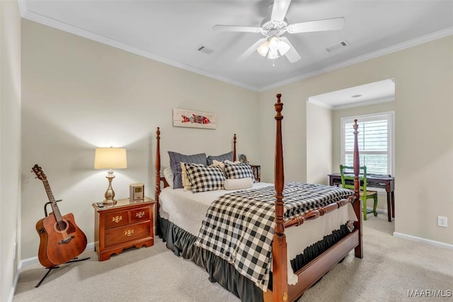 8625 Wynford Pl, Montgomery, AL 36117 - bedroom with light colored carpet, baseboards, crown molding, and ceiling fan