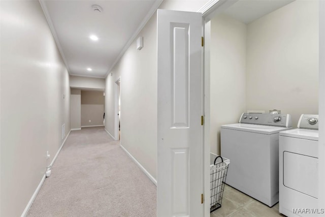 8625 Wynford Pl, Montgomery, AL 36117 - laundry room with independent washer and dryer, ornamental molding, baseboards, and light colored carpet