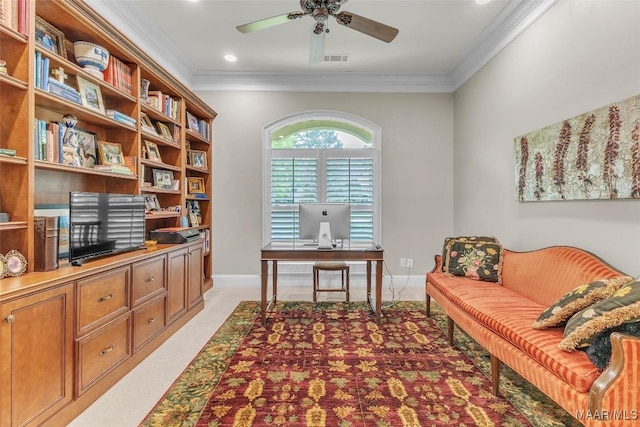 8625 Wynford Pl, Montgomery, AL 36117 - office area featuring a ceiling fan, ornamental molding, baseboards, and recessed lighting