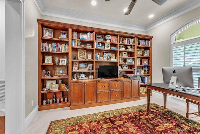 8625 Wynford Pl, Montgomery, AL 36117 - home office featuring ornamental molding, a ceiling fan, baseboards, and light carpet