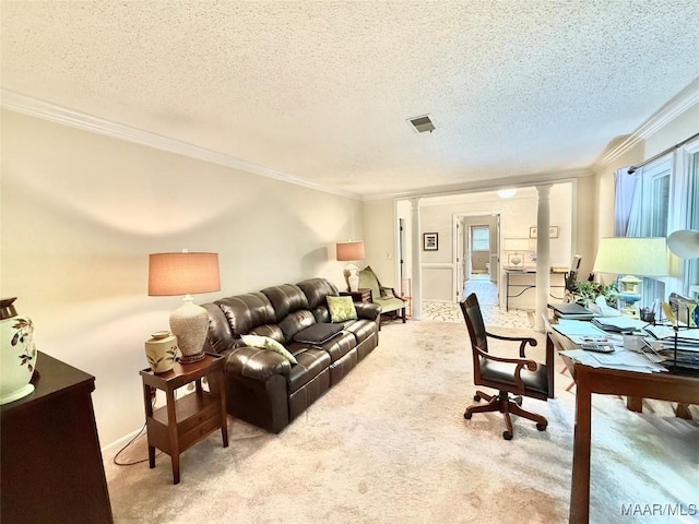 36 Wilkins Rd, Selma, AL 36701 - home office featuring crown molding, ornate columns, carpet flooring, and a textured ceiling