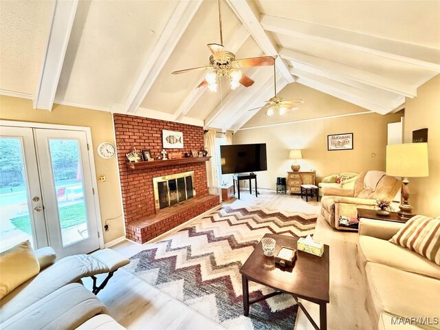 36 Wilkins Rd, Selma, AL 36701 - living room featuring a ceiling fan, baseboards, french doors, and a brick fireplace