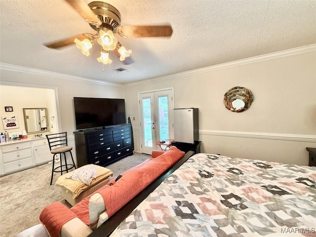 36 Wilkins Rd, Selma, AL 36701 - bedroom with access to outside, light carpet, ornamental molding, a textured ceiling, and a ceiling fan