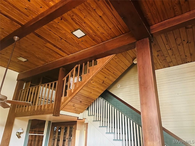 501 Tremont St, Selma, AL 36701 - stairway with wooden ceiling with exposed beams and ceiling fan