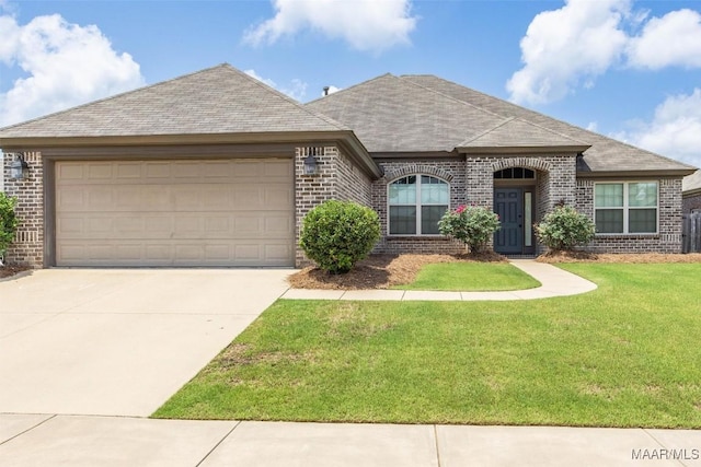 french provincial home featuring brick siding, driveway, a front yard, and an attached garage