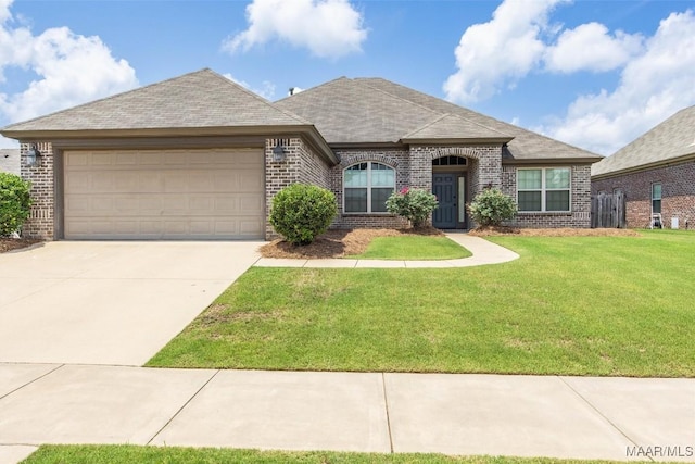 french country style house with brick siding, an attached garage, a front lawn, driveway, and roof with shingles