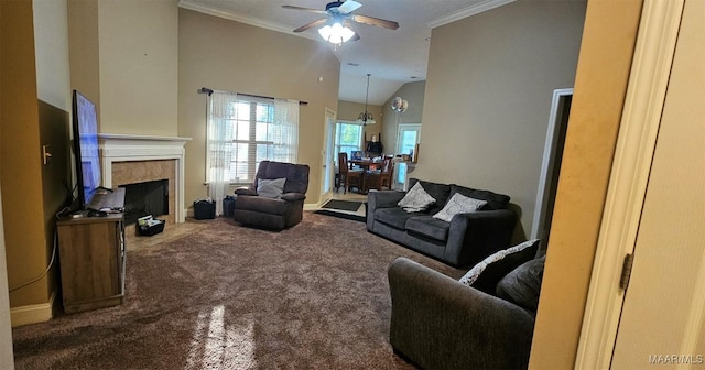 6200 Sycamore Dr, Montgomery, AL 36117 - carpeted living area featuring a ceiling fan, ornamental molding, a fireplace, and high vaulted ceiling