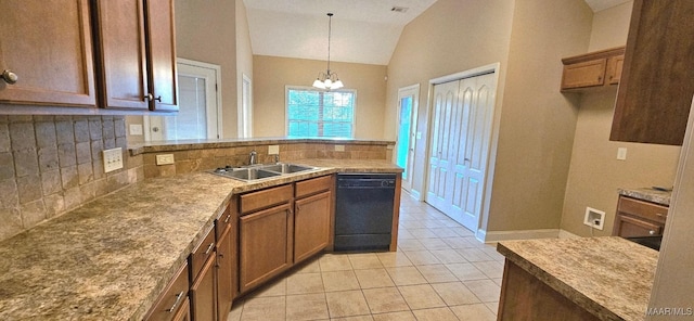 6200 Sycamore Dr, Montgomery, AL 36117 - kitchen featuring dishwasher, backsplash, vaulted ceiling, a peninsula, and pendant lighting