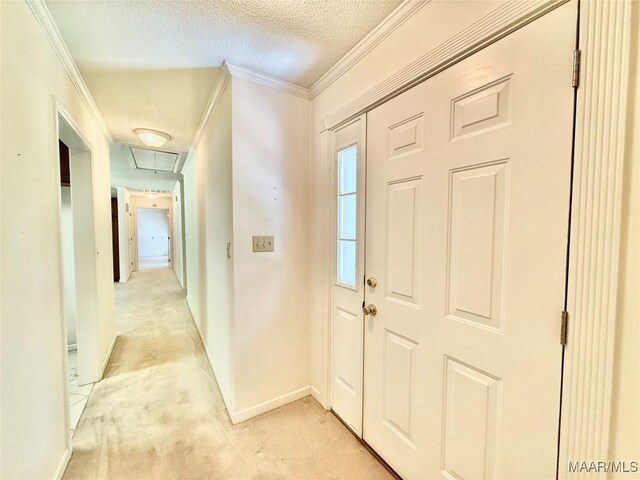 441 County Road 401, Selma, AL 36701 - entryway featuring crown molding, light colored carpet, a textured ceiling, and baseboards