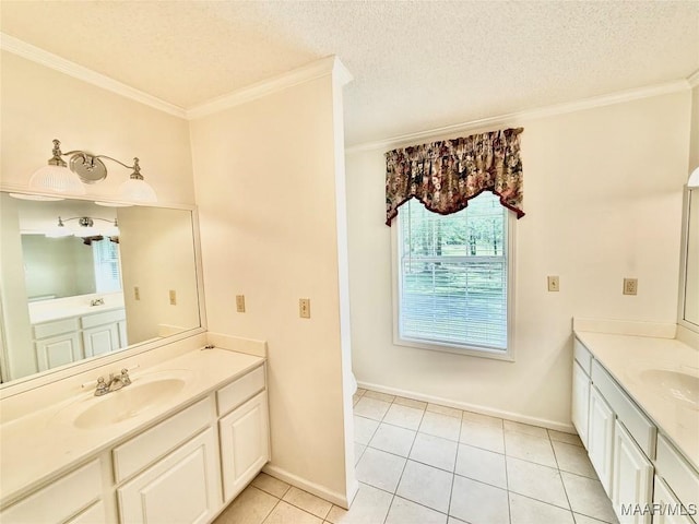 441 County Road 401, Selma, AL 36701 - full bathroom featuring two vanities, crown molding, tile patterned floors, baseboards, and a textured ceiling