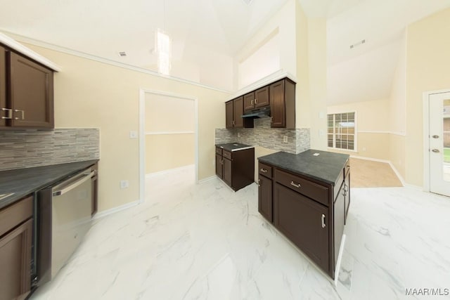 929 Ironwood Dr, Montgomery, AL 36117 - kitchen with under cabinet range hood, dark brown cabinets, light marble finish flooring, and decorative backsplash