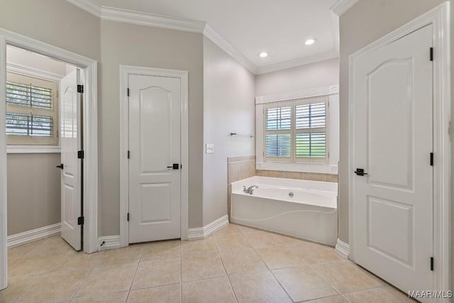 541 Jasmine Trl, Prattville, AL 36066 - bathroom with a bath, baseboards, ornamental molding, tile patterned flooring, and recessed lighting