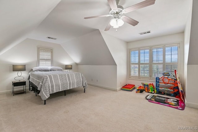 541 Jasmine Trl, Prattville, AL 36066 - bedroom featuring multiple windows, carpet, lofted ceiling, a ceiling fan, and baseboards