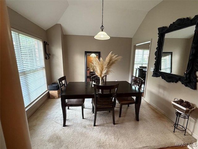 3701 Claiborne Cir, Montgomery, AL 36116 - dining space featuring carpet flooring, vaulted ceiling, and baseboards