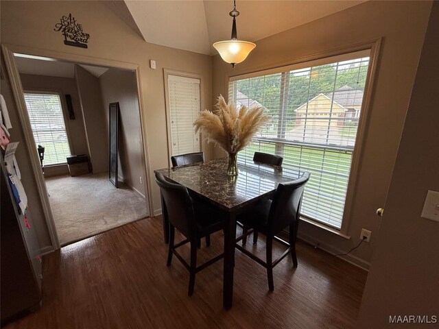 3701 Claiborne Cir, Montgomery, AL 36116 - dining area with vaulted ceiling, dark wood-type flooring, healthy amount of natural light, and baseboards