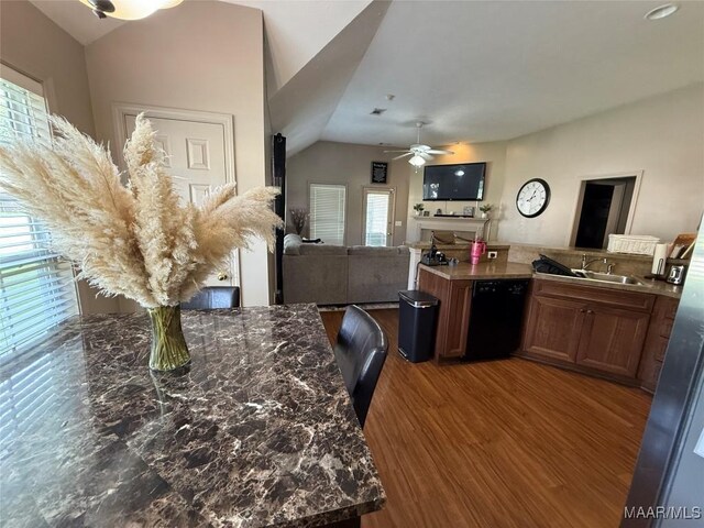 3701 Claiborne Cir, Montgomery, AL 36116 - kitchen with black dishwasher, vaulted ceiling, healthy amount of natural light, a ceiling fan, and wood finished floors