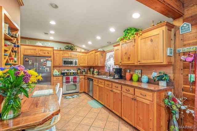 258 S Conecuh St, Greenville, AL 36037 - kitchen with stainless steel appliances, a sink, light tile patterned floors, vaulted ceiling, and recessed lighting