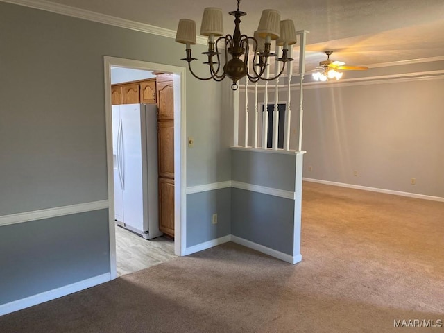 1853 Sanford Dr, Prattville, AL 36066 - unfurnished room with light colored carpet, baseboards, crown molding, a chandelier, and a ceiling fan