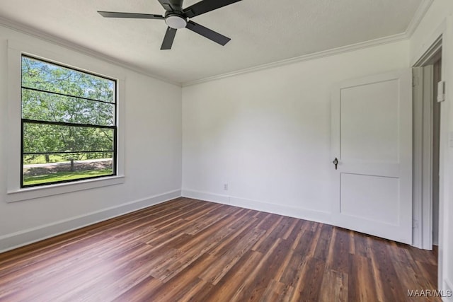 1582 W Old Hayneville Rd, Le Grand, AL 36105 - unfurnished room featuring ornamental molding, dark wood finished floors, a ceiling fan, and baseboards