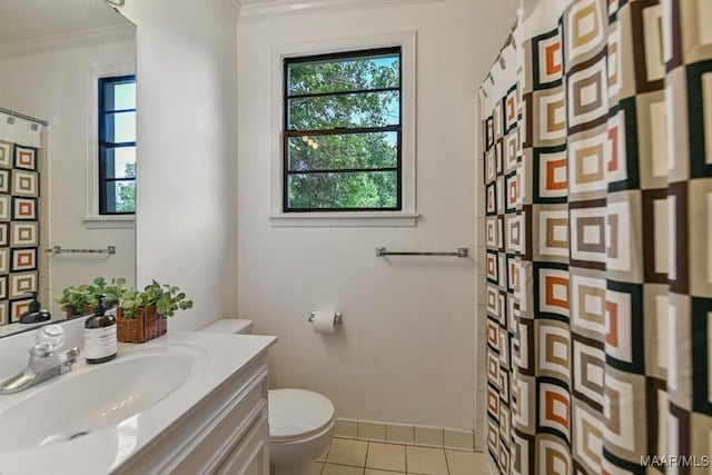 1582 W Old Hayneville Rd, Le Grand, AL 36105 - full bath featuring toilet, vanity, tile patterned floors, crown molding, and a shower with shower curtain