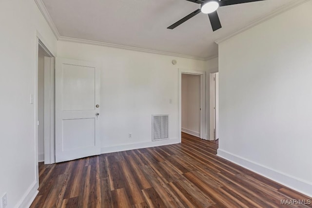 1582 W Old Hayneville Rd, Le Grand, AL 36105 - unfurnished room with a ceiling fan, crown molding, dark wood finished floors, and baseboards