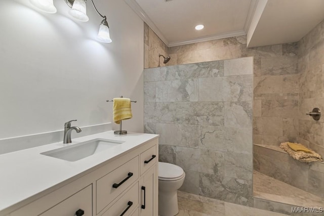 1582 W Old Hayneville Rd, Le Grand, AL 36105 - full bathroom with walk in shower, ornamental molding, toilet, vanity, and recessed lighting