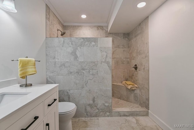 1582 W Old Hayneville Rd, Le Grand, AL 36105 - bathroom featuring recessed lighting, a walk in shower, toilet, vanity, and marble finish floors