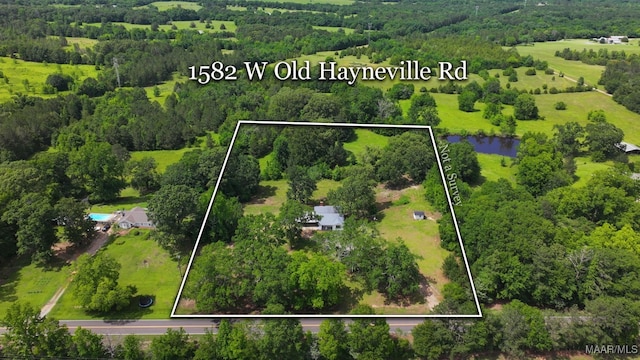 1582 W Old Hayneville Rd, Le Grand, AL 36105 - aerial view of property and surrounding area featuring property parcel outlined and a forest