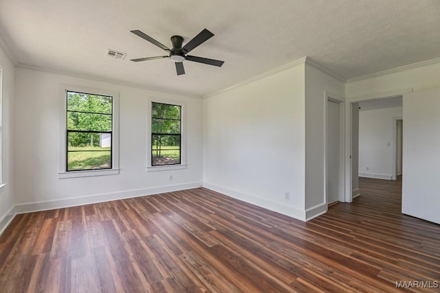 1582 W Old Hayneville Rd, Le Grand, AL 36105 - unfurnished room with dark wood finished floors, ornamental molding, a ceiling fan, baseboards, and a textured ceiling