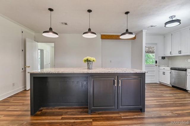 1582 W Old Hayneville Rd, Le Grand, AL 36105 - kitchen with stainless steel dishwasher, white cabinetry, crown molding, a kitchen island, and dark wood-style flooring