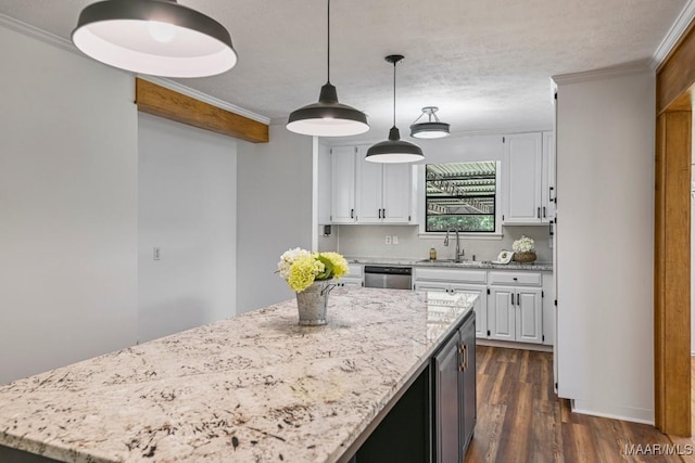 1582 W Old Hayneville Rd, Le Grand, AL 36105 - kitchen with a sink, ornamental molding, dishwasher, white cabinets, and dark wood-style floors