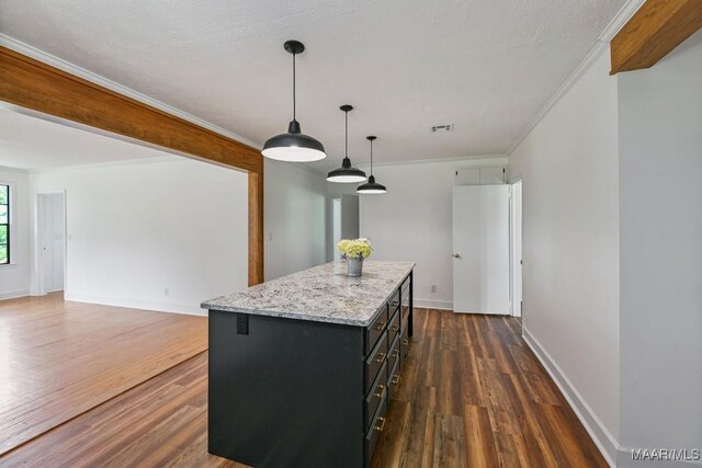 1582 W Old Hayneville Rd, Le Grand, AL 36105 - kitchen with dark cabinetry, a kitchen island, dark wood-style floors, decorative light fixtures, and baseboards