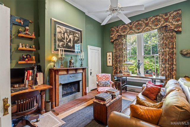 1533 Gilmer Ave, Montgomery, AL 36104 - living room featuring ornamental molding, a tile fireplace, and ceiling fan