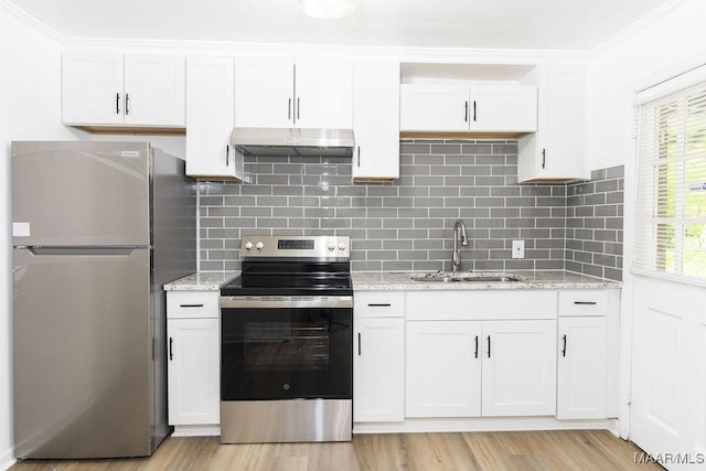 3119 Gaston Ave, Montgomery, AL 36105 - kitchen with stainless steel appliances, a sink, under cabinet range hood, white cabinets, and tasteful backsplash