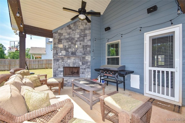 688 Tiger Trl, Opelika, AL 36804 - view of patio featuring an outdoor living space with a fireplace, a grill, and ceiling fan