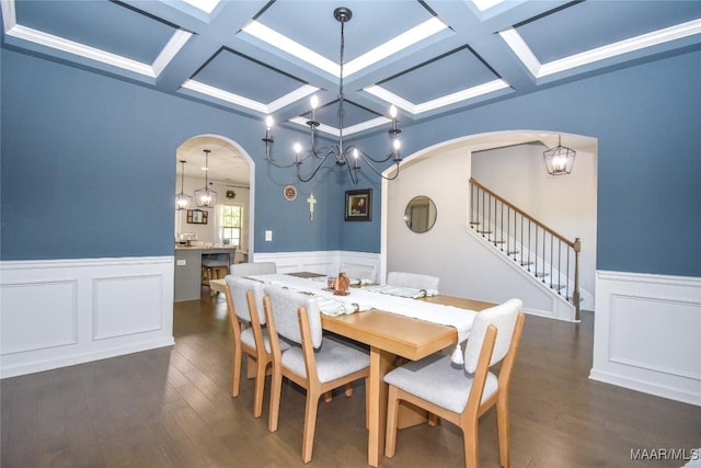 688 Tiger Trl, Opelika, AL 36804 - dining space featuring coffered ceiling, arched walkways, a wainscoted wall, dark wood-type flooring, and beamed ceiling