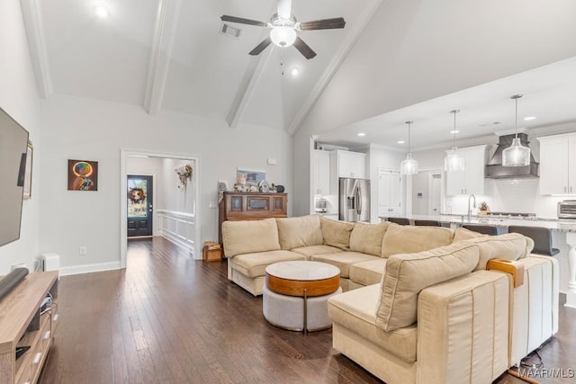 1478 Trolley Rd, Prattville, AL 36066 - living room featuring a ceiling fan, dark wood-style floors, high vaulted ceiling, beamed ceiling, and recessed lighting