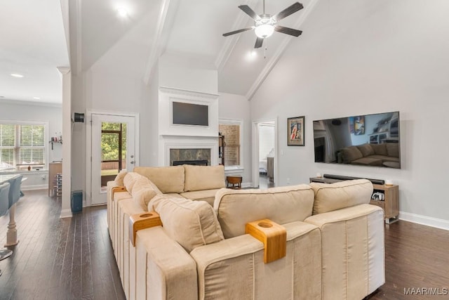 1478 Trolley Rd, Prattville, AL 36066 - living room with baseboards, a ceiling fan, a high end fireplace, dark wood-type flooring, and beamed ceiling
