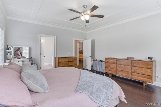 1478 Trolley Rd, Prattville, AL 36066 - bedroom with ornamental molding, dark wood-type flooring, a ceiling fan, baseboards, and connected bathroom