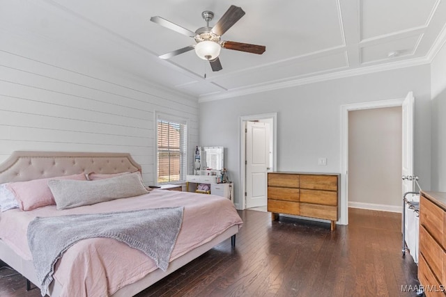 1478 Trolley Rd, Prattville, AL 36066 - bedroom featuring dark wood-style flooring, ornamental molding, baseboards, coffered ceiling, and a ceiling fan