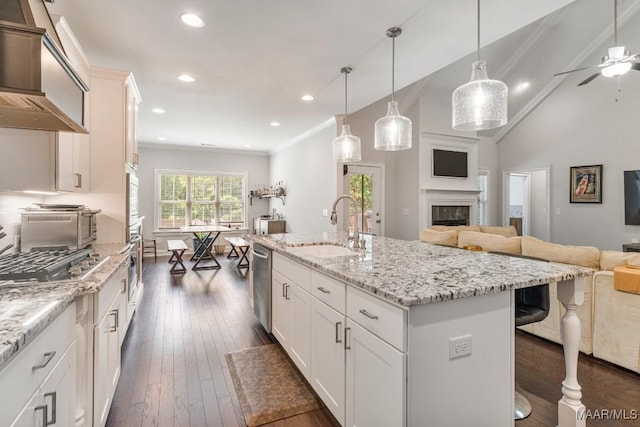 1478 Trolley Rd, Prattville, AL 36066 - kitchen featuring open floor plan, appliances with stainless steel finishes, a sink, custom exhaust hood, and a breakfast bar