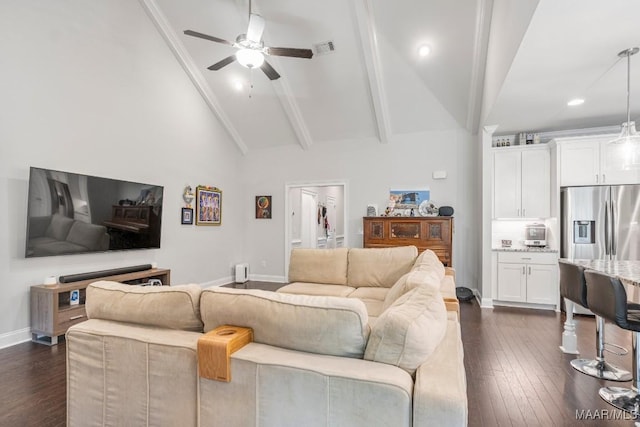 1478 Trolley Rd, Prattville, AL 36066 - living area with ceiling fan, dark wood-style floors, baseboards, high vaulted ceiling, and beam ceiling