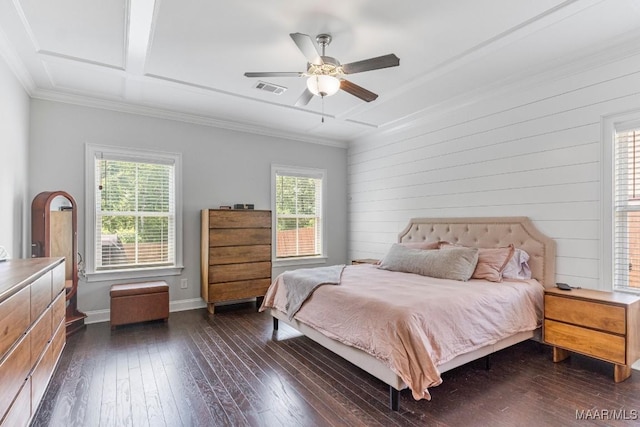 1478 Trolley Rd, Prattville, AL 36066 - bedroom featuring dark wood-style flooring, baseboards, wooden walls, ornamental molding, and a ceiling fan