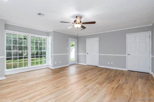 3212 Mcgehee Rd, Montgomery, AL 36111 - empty room featuring a ceiling fan, light wood-type flooring, baseboards, and ornamental molding