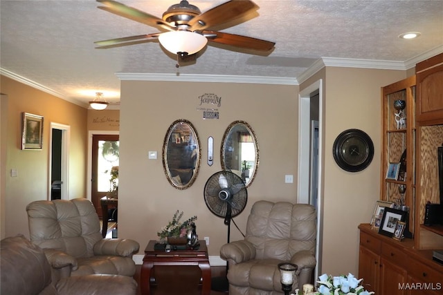 663 Hobbie Rd, Montgomery, AL 36105 - living room with ceiling fan, a textured ceiling, and crown molding