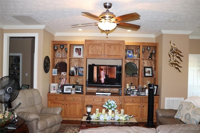 663 Hobbie Rd, Montgomery, AL 36105 - living area with ceiling fan, a textured ceiling, and crown molding