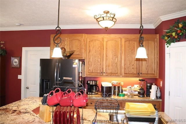 663 Hobbie Rd, Montgomery, AL 36105 - kitchen featuring black refrigerator with ice dispenser, ornamental molding, decorative light fixtures, light stone countertops, and a textured ceiling