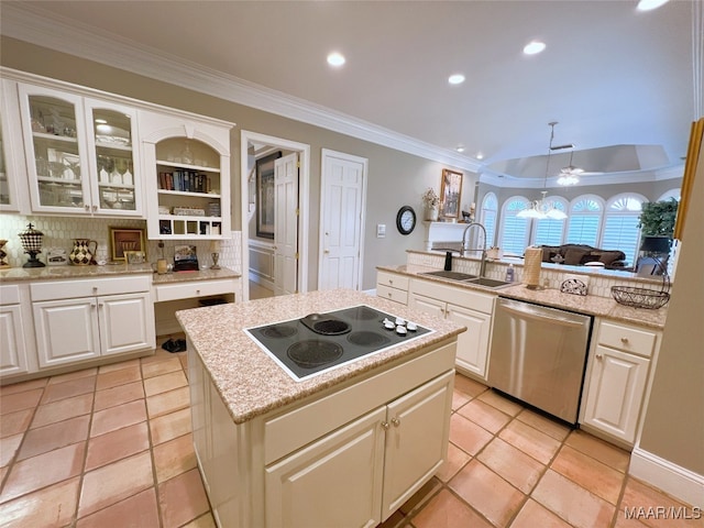 7178 Wyngrove Dr, Montgomery, AL 36117 - kitchen with dishwasher, a sink, black electric stovetop, ornamental molding, and a center island