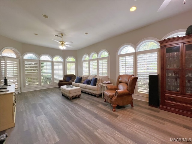 7178 Wyngrove Dr, Montgomery, AL 36117 - living room featuring a ceiling fan, wood finished floors, and recessed lighting